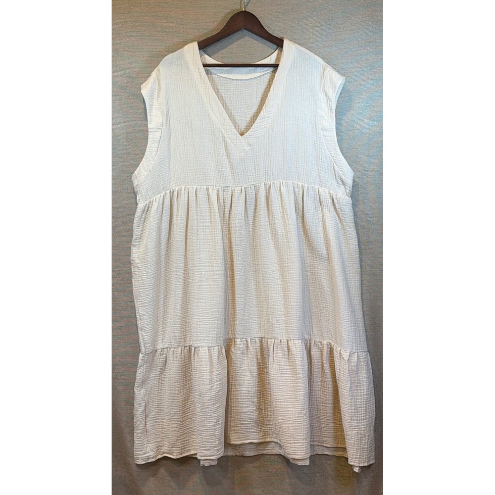 Beige Cotton Gauze Tiered V-Neck Sleeveless Babydoll Dress‎ 4XL Plus